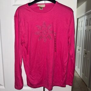 M&C Sportswear Women Long Sleeve Pink Snowflake T-Shirt Size L NWT hot pink